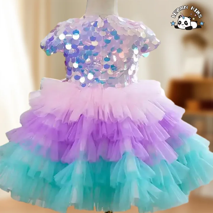 LEZONKIDS - Vestido de menina com lantejoulas e tutu em camadas para aniversário, vestido de princesa fofo e florido